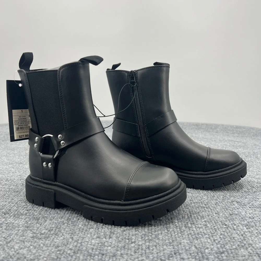 Art Class Crosby Ankle Boots Girls Kid‎ Size 1 Black Harness Moto School NWT